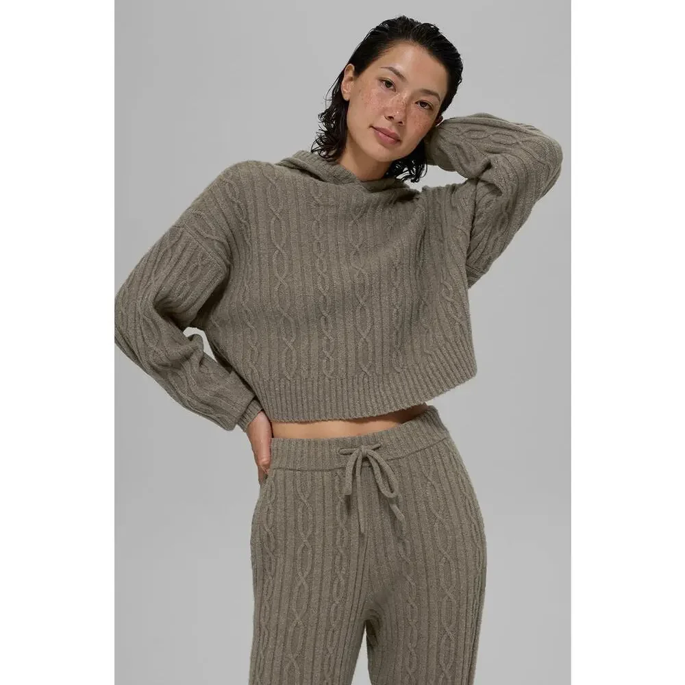 NEW Alo Yoga Cable Knit Winter Bliss Hoodie Light Cocoa Cozy Luxe Cropped Soft M